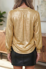 Metallic Sheen V Neck Gathered Cuff Long Sleeve Blouse