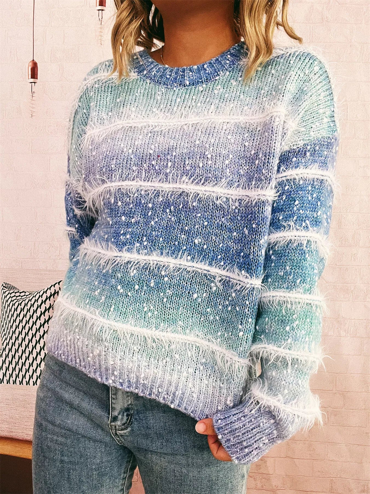 Gradient Striped Round Neck Sweater