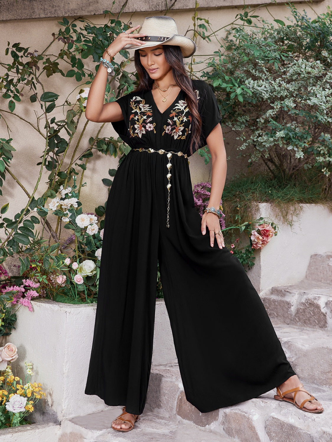 Embroidered Ruched Short Sleeve Jumpsuit - Ladyez