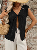 Tied Front Openwork V-Neck Knit Top