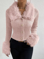 Faux Fur Trim Ribbed Knit Cropped Cardigan