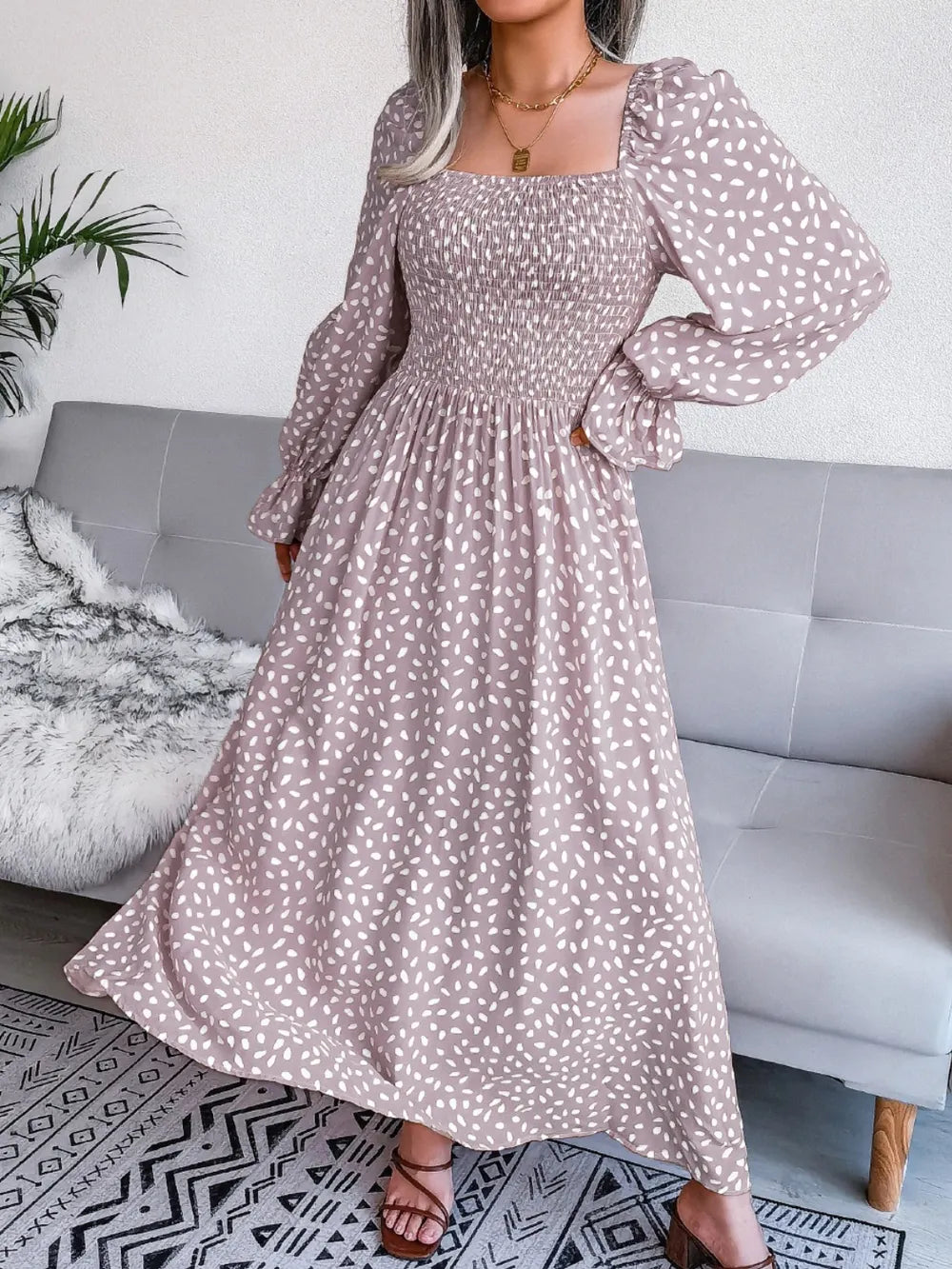 Smocked Square Neck Flounce Sleeve Dress - Ladyez