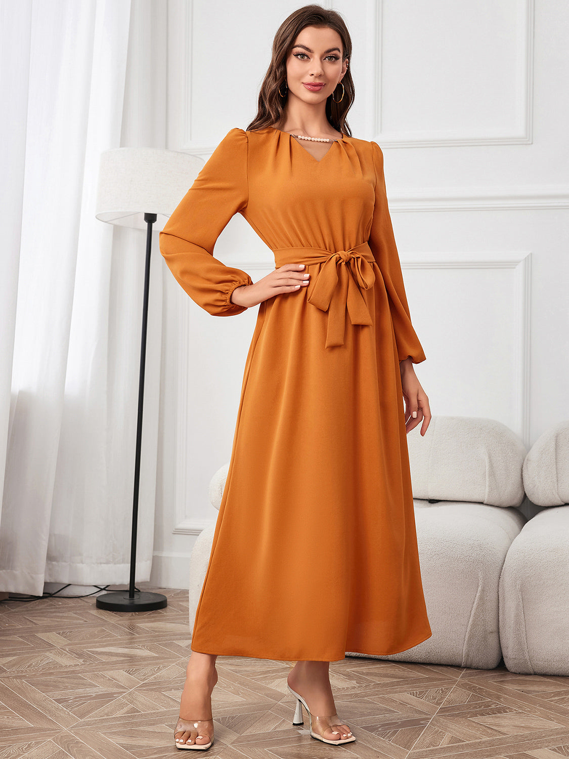 Tie Waist Puff Sleeve Maxi Dress - Ladyez