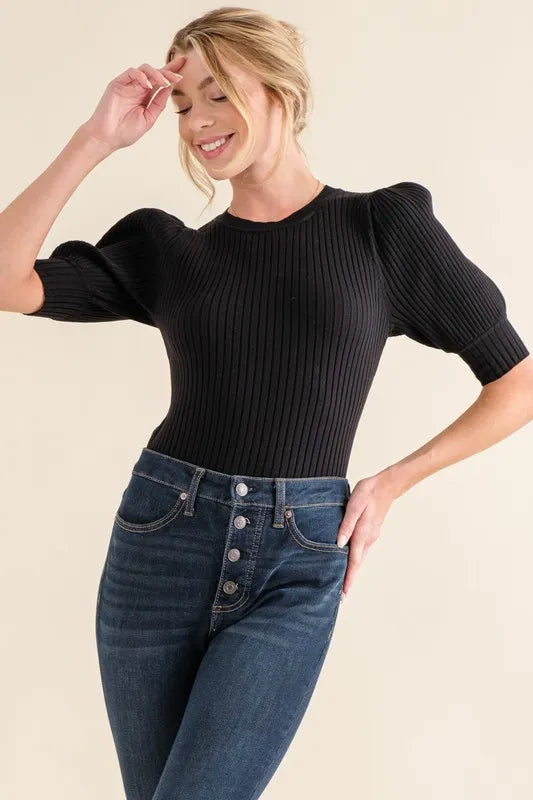 And The Why Puffed Half Sleeve Rib Basic Bodysuit - Ladyez