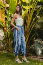 BiBi Striped Tape Details With Bot Tied Point Elastic Waist Jeans - Ladyez
