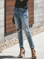 Distressed Button-Fly Skinny Jeans - Ladyez