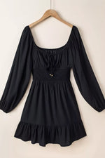 Solid Color Long Sleeve Shirred Drawstring Ruffle Mini Dress