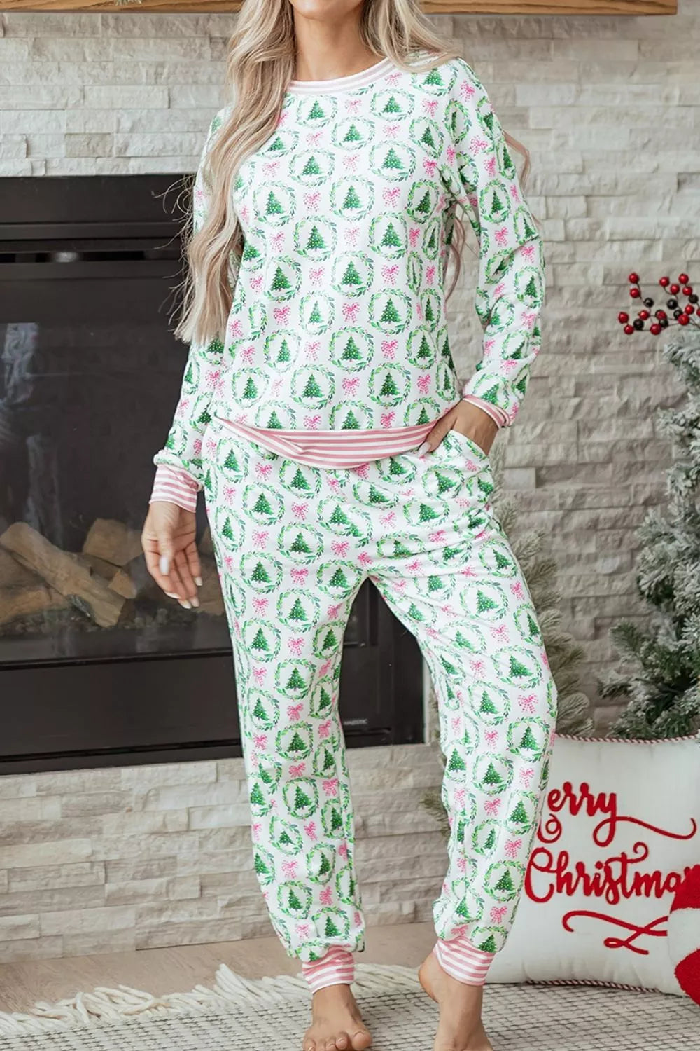 Christmas Tree Print Contrast Striped Banding 2pcs Lounge Set