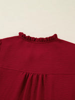 Notched Neck Shirred Cuff Long Sleeve Blouse