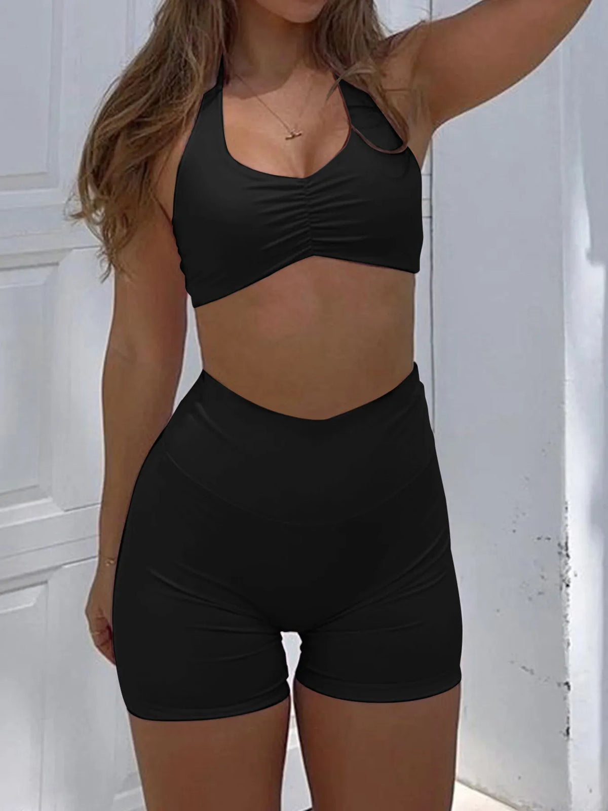 Halter Neck Cami and Shorts Active Set - Ladyez