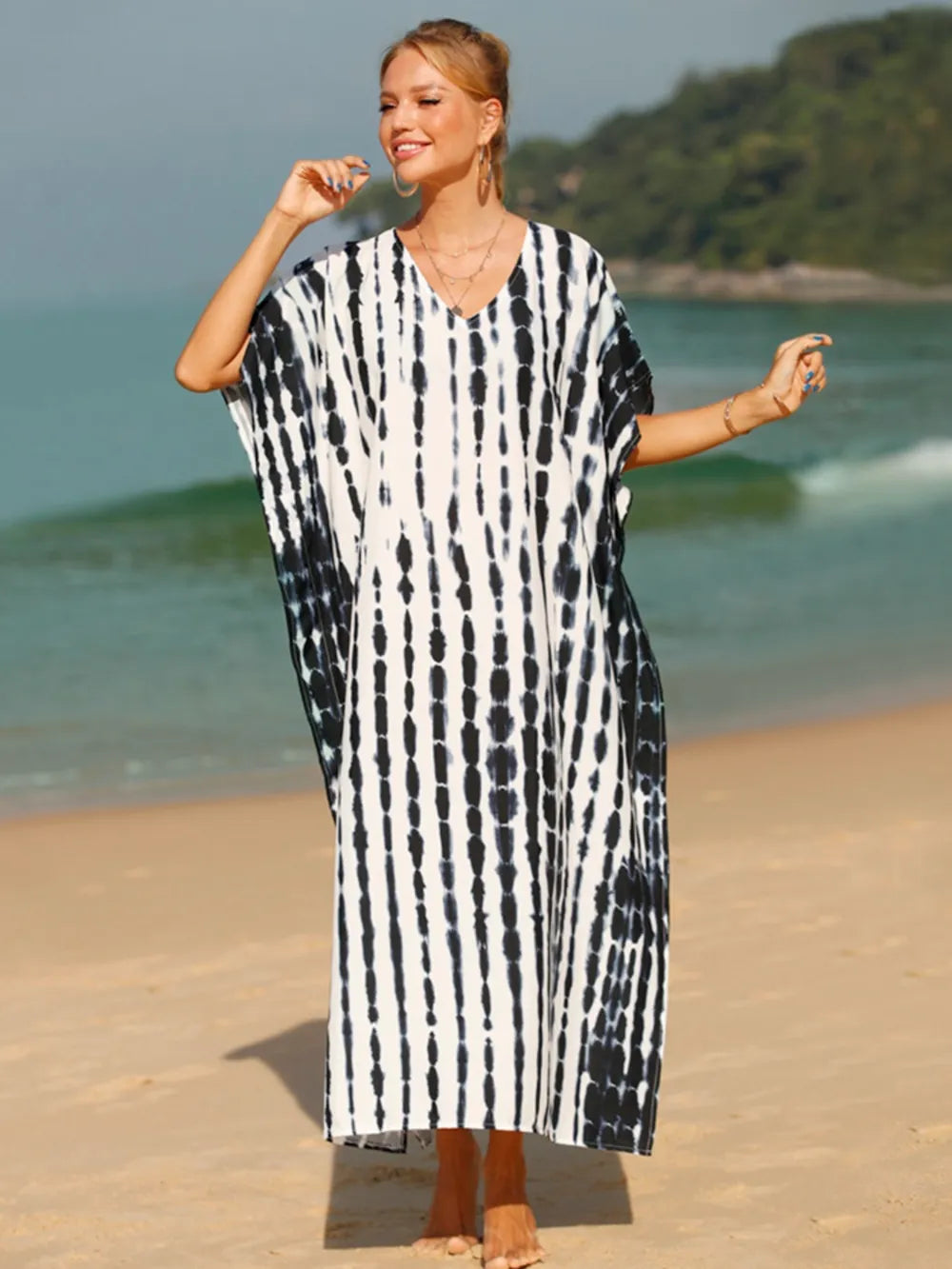 Tie-Dye V-Neck Half Sleeve Cover-Up - Ladyez