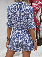 Printed Tie Waist Button Front Romper