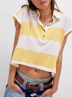 Half Button Striped Short Sleeve Cropped Polo Shirt