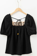 Flower Crochet Square Neck Puff Sleeve Blouse