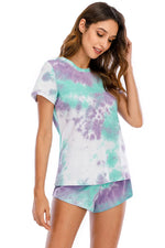 Tie-Dye Round Neck Short Sleeve Top and Shorts Lounge Set - Ladyez