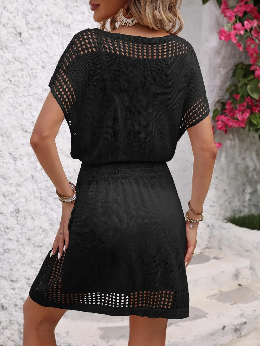 Openwork V-Neck Short Sleeve Cover-Up Dress - Ladyez