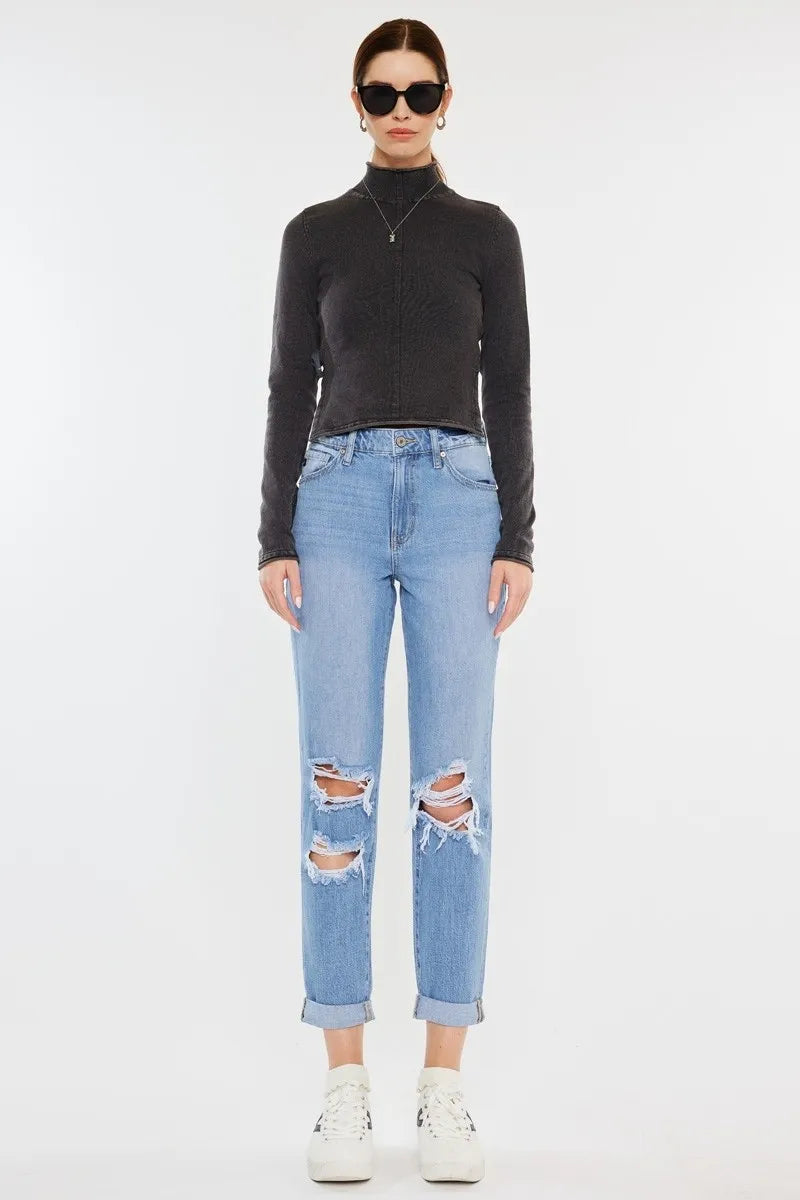 Kancan High Rise Distressed Mom Jeans - Ladyez