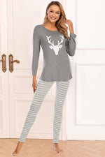 Graphic Round Neck Top and Striped Pants Set - Ladyez