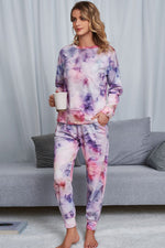 Shiny Tie-Dye Crewneck Top and Drawstring Waist Joggers Lounge Set - Ladyez