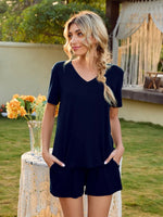 V-Neck Short Sleeve Top and Pocketed Shorts Lounge Set - Ladyez
