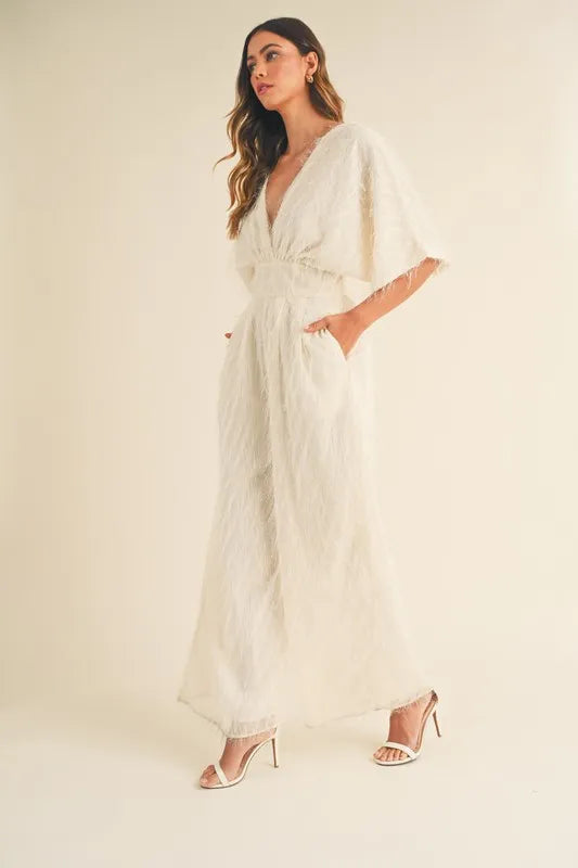 MABLE Fluffy Deep V Neck Wide Leg Jumpsuit - Ladyez
