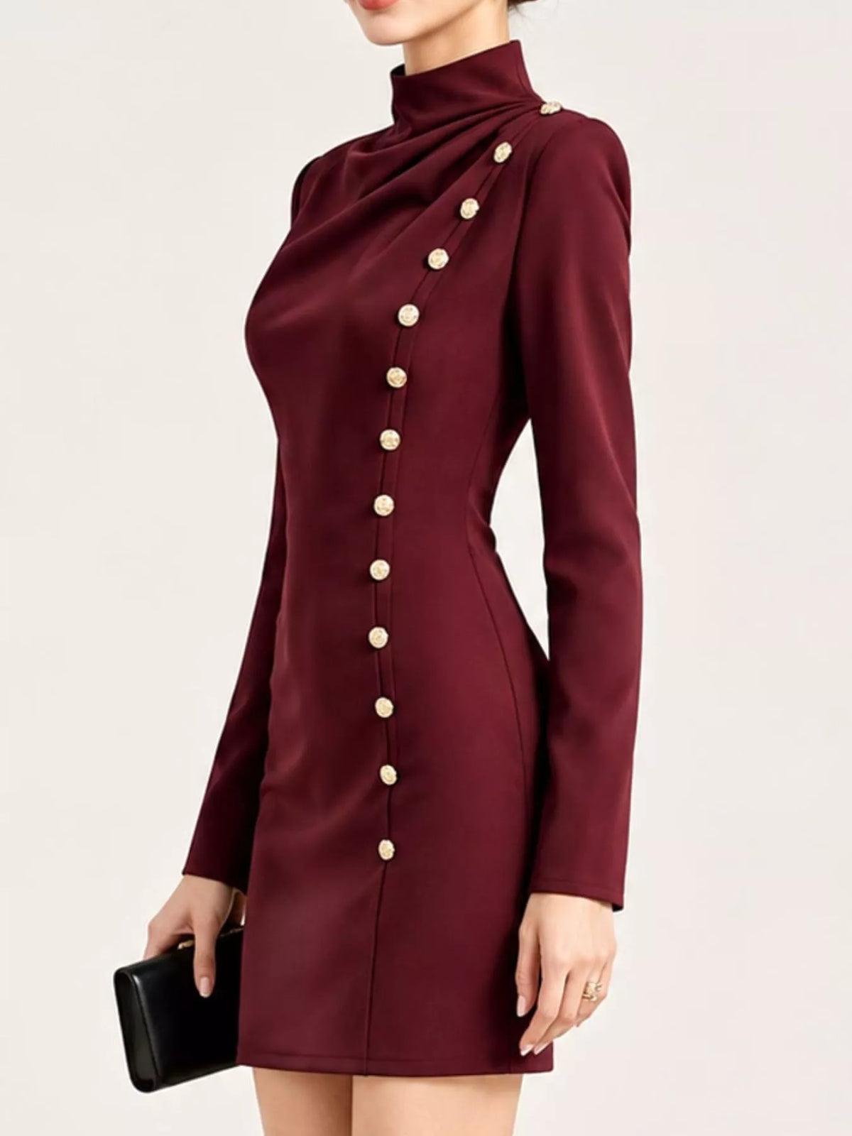 Full Size Decorative Button Mock Neck Mini Dress Plus Size
