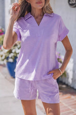 Stripe Dolman Sleeve Polo Shirt and Drawstring Shorts Set