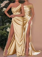 One-Shoulder Satin Maxi Dress with High Slit