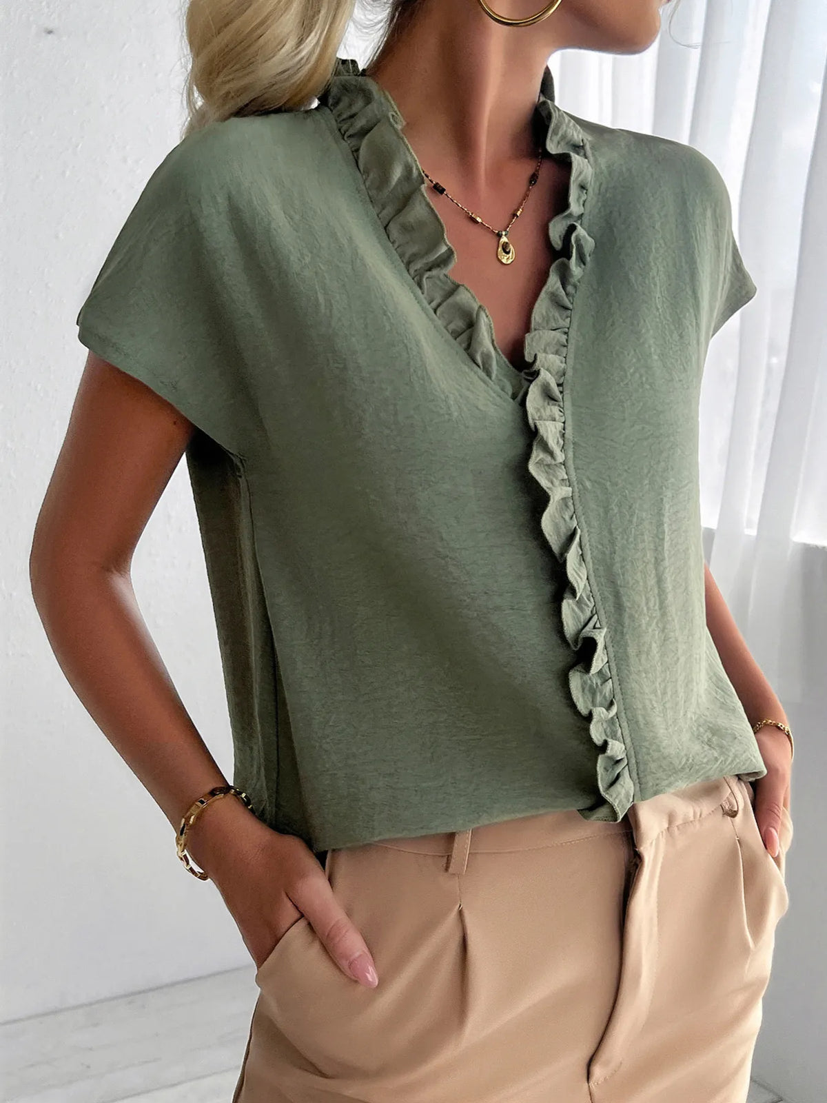 Ruffled V-Neck Short Sleeve Blouse - Ladyez