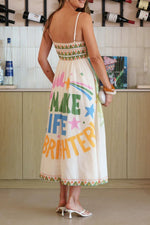 Gingham Bodice Scenic Print Midi Dress