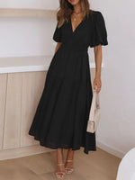 V-Neck Puff Sleeve Midi Dress