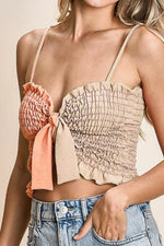 BiBi Woven Color Block Smocked with Ribbon Bra Top