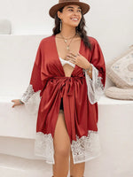 Plus Size Lace Patchwork Tie Front Robe - Ladyez