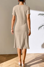 Ivy Lane Ribbed Asymmetrical Neck Short Sleeve Dress - Ladyez