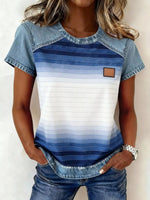 Denim Patchwork Short Sleeve Blouse