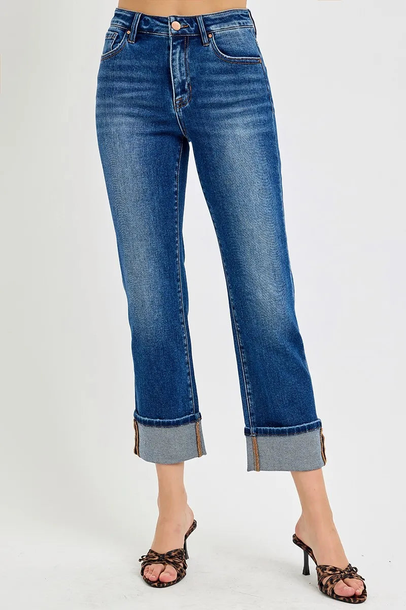 RISEN Full Size High Rise Ankle Straight Cuffed Jeans Plus Size - Ladyez