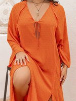 Plus Size Tie Neck Long Sleeve Slit Dress - Ladyez