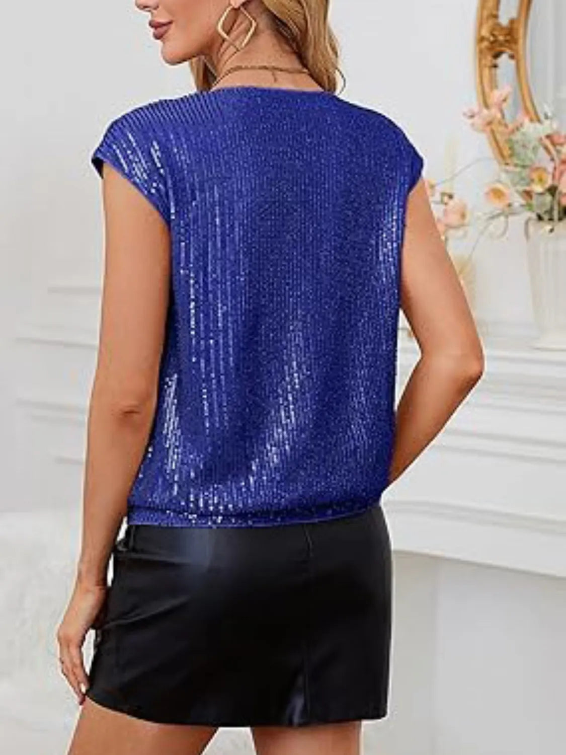 V-Neck Sequin Cap Sleeve Top - Ladyez