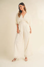 MABLE Fluffy Deep V Neck Wide Leg Jumpsuit - Ladyez