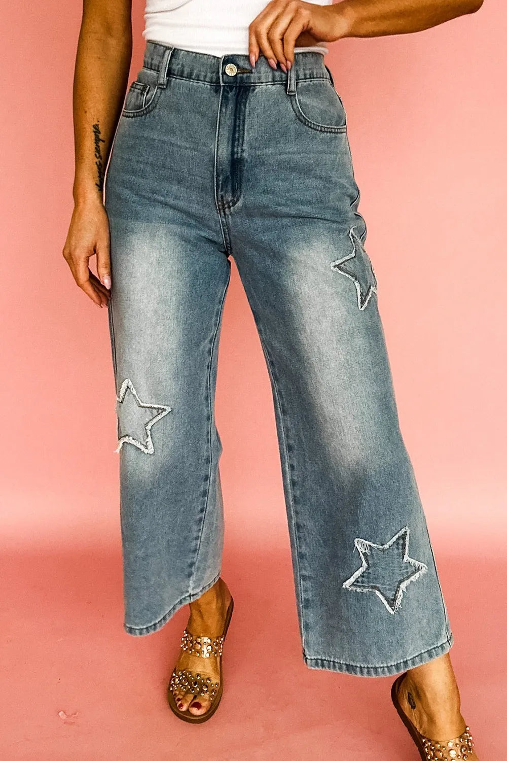 Star Embroidered High Waist Wide Leg Jeans - Ladyez
