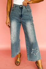 Star Embroidered High Waist Wide Leg Jeans - Ladyez