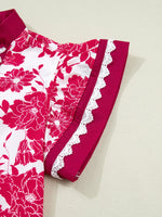 Floral Print Color Block Trim Lace Detail V Neck Flutter Sleeve Blouse