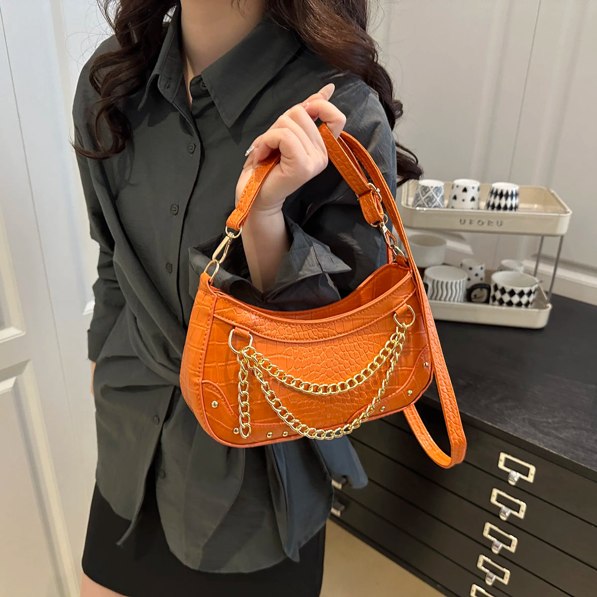 Chain-Embellished Shoulder Bag - Ladyez