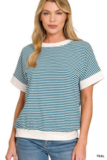 Zenana Stripe Contrast Trim Banded Bottom Top