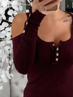Cold Shoulder Ribbed Henley T-Shirt with Button Detail