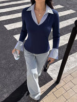 Contrast Collar Long Sleeve Top