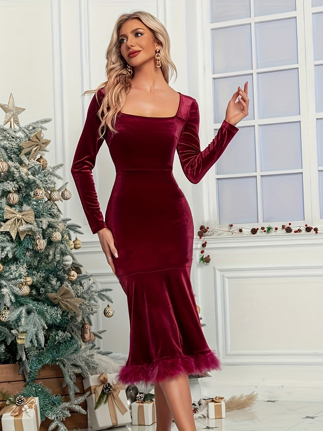 Plush Hem Square Neck Long Sleeve Dress - Ladyez