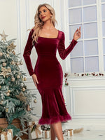 Plush Hem Square Neck Long Sleeve Dress - Ladyez