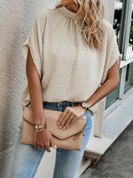 Swiss Dot Mock Neck Half Sleeve Blouse