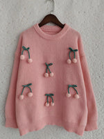 Cherry Pom-Pom Knit Round Neck Sweater